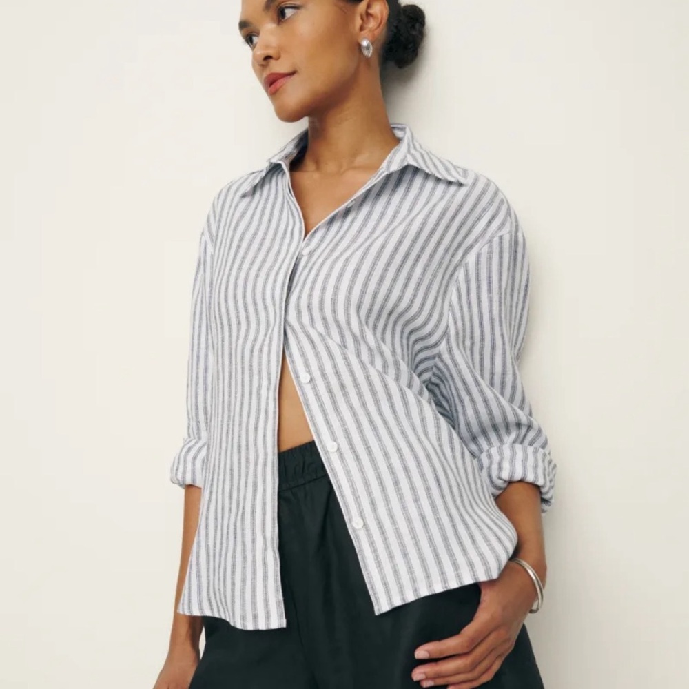 Reformation Andy Striped Button-Down Shirt in White and Gray